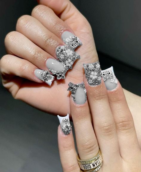 Blinged Out Duck Nails, Grey And Black Nail Ideas, Grey Nail Designs Short, Short Grey Acrylic Nails, Short Duck Nails Design Ideas, Silver Junk Nails, Silver Duck Nails, Cute Grey Nails, Birthday Nails Silver