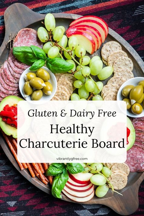 A gluten and dairy free charcuterie board is the perfect easy snack, appetizer, or meal. This post includes safe gluten and dairy free crackers and meats, healthy replacements for cheese, and instructions on how to organize a charcuterie board. | Vibrantlygfree.com via @vibrantlygfree Gf Df Charcuterie Board, Gluten And Dairy Free Charcuterie Board, Healthy Gluten Free Appetizers, Dairy Free Charcuterie Board Ideas, Gluten Free Charcuterie Board Ideas, Dairy Free Crackers, Dairy Free Charcuterie, Dairy Free Charcuterie Board, Gluten Free Dairy Free Appetizers