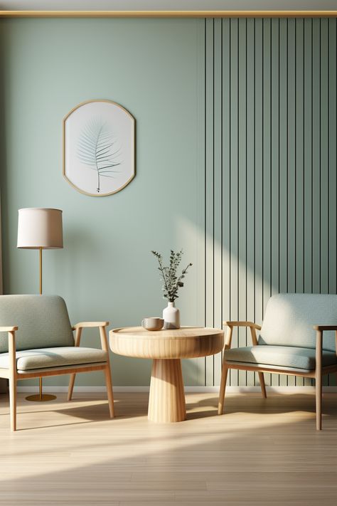 Teal Green Interior Design, Japandi Interiors Color, Pastel Colors House Interior, Light Green Office Ideas, Dining Room Wall Colors Colour Palettes, Green Walls Dining Room, Japandi Pastel, Green Living Room Modern, White And Neutral Living Room