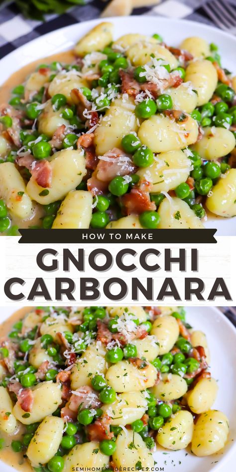 Gnocchi Carbonara - easy dinner recipe with soft gnocchi, bacon and cheese. Gnocchi And Prosciutto, Gnocchi Prosciutto Recipes, Crockpot Meals Gnocchi, Gnocchi Recipes Meal Prep, Lamb Gnocchi Recipe, Healthy Dinner Recipes With Bacon, Gnocci Side Dishes, Gnocchi With Prosciutto, Toasted Gnocchi Recipes