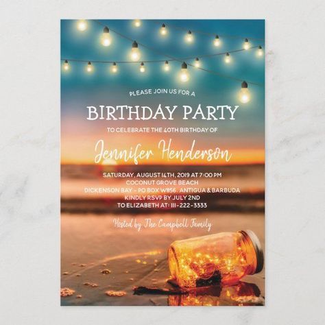 Tropical Sunset Beach Birthday Party Invitation #zazzle #weddinginvitations #birthdayinvitations #babyshowerinvitations #zazzleinvitations #monogram #businesscards #graduation #homedecor Mason Jar Lights Wedding, Jar Lights Wedding, Beach Destination Wedding Invitations, Beach Mason Jars, Beach Christmas Party, Island Background, Wedding Text, Sunset Tropical, Mason Jar Lights