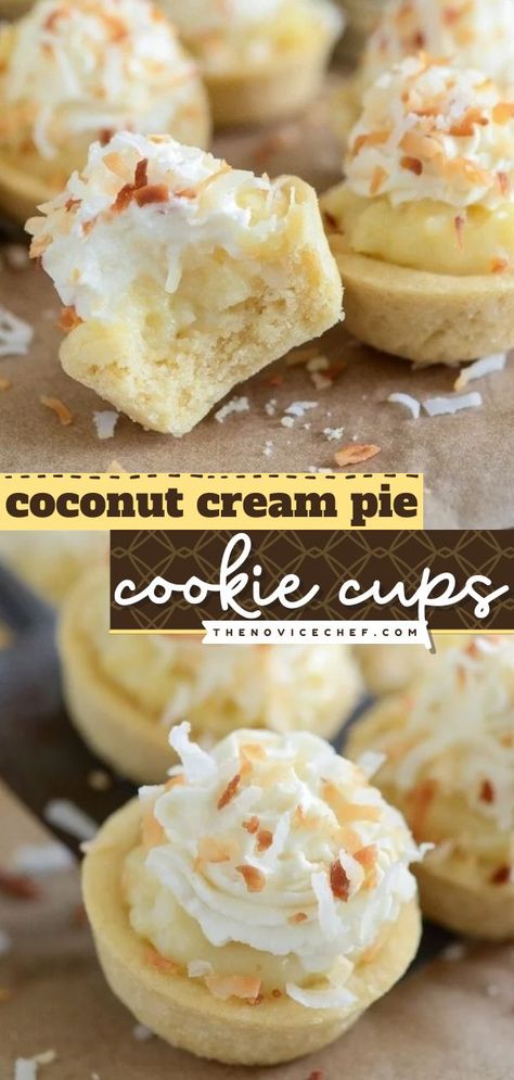 Coconut Cream Pie Cookie Cups, easy summer desserts, cookie recipes Mini Pie Recipes, Sugar Cookie Cups, Cookie Cups Recipe, Pie Bites, Coconut Desserts, Coconut Pie, Bite Size Desserts, Summer Cookies, Coconut Cream Pie