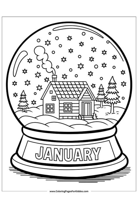 A snow globe featuring a house and trees, reflecting the cold January winter scenes. January Coloring Pages, Winter Activity, Coloring Pages Printable, Christmas Poster, A Fresh Start, Free Printable Coloring, Free Printable Coloring Pages, Winter Activities, Creative Activities