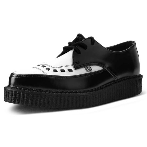 PRICES MAY VARY. Black Leather With White Leather Upper Black Interlace and Black Stitch Detail 1.25 Inch Sole With Pointed Creepers it is suggested to round up in sizing These are Unisex, please double check your size before ordering White Creepers, Leather Platform Shoes, Shoes Black And White, Creepers Shoes, White Leather Shoes, Pointy Toe Shoes, Teddy Boys, Casual Footwear, Retro Shoes