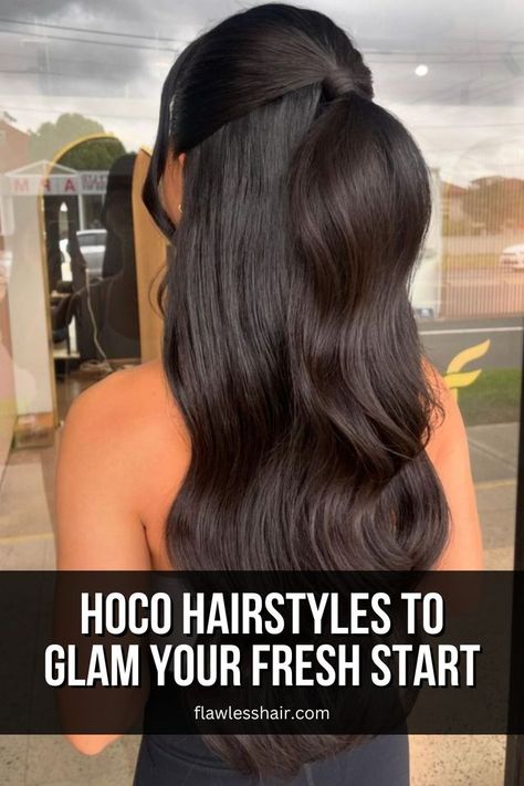 Half-Up Half-Down Ponytail On Long Hair Sleek Down Hairstyles, Black Tie Hairstyles, Gala Hairstyle, Homecoming Hairstyle, Bangs Updo, Sleek Braided Ponytail, Barbie Ponytail, Casual Braids, Half Updo Hairstyles