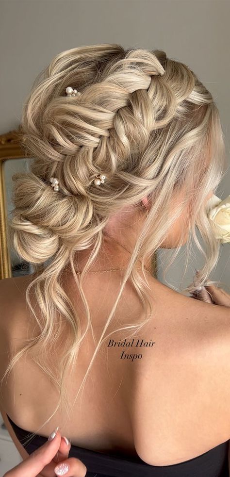 glamorous braids, wedding hairstyle, bridal braids, dutch braid updo, fishtail braid crown, boho braids, braided updo brides, wedding hairstyle braids Updo Fishtail Braid, Bun With Pearls, Braided Messy Bun, Fishtail Braid Updo, Dutch Braid Bun, Dutch Braid Updo, Dutch Fishtail Braid, Messy Bun With Braid, Fishtail Braid Hairstyles