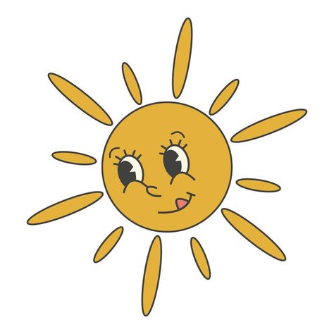 Groovy 70s summer, spring sticker. Y2k groovy cute sun character Groovy Art Aesthetic, Y2k Clipart, Groovy Drawings, Sun Character Design, 70s Clipart, Spring Character, Groovy Stickers, Sun Character, Y2k Graphics