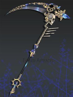 This scythe features skulls, bones, gems/jewels, intricate gold designs and carvings Pretty Knives, Fantasy Props, Cool Swords, Nice Clothes, Magical Jewelry, Kraf Diy, Cool Knives, Arte Fantasy, 판타지 아트