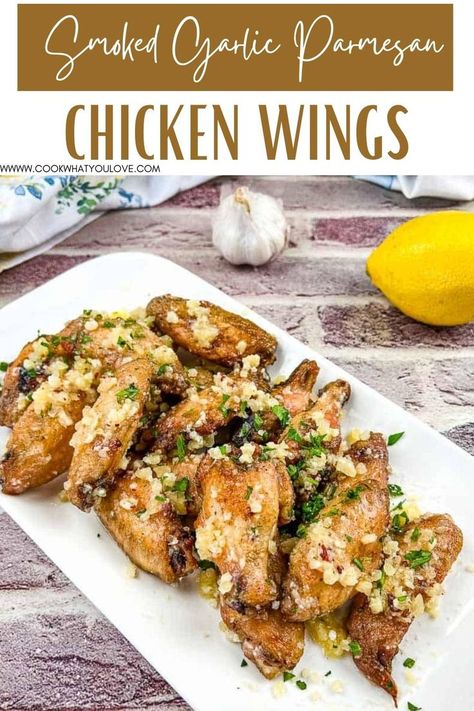 Smoked wings on a platter. Smoker Chicken Wings, Parmesan Garlic Wings, Parmesan Wings Recipe, Yummy Lunch Recipes, Smoked Garlic, Best Chicken Wing Recipe, Garlic Wings, Traeger Grill Recipes, Parmesan Wings