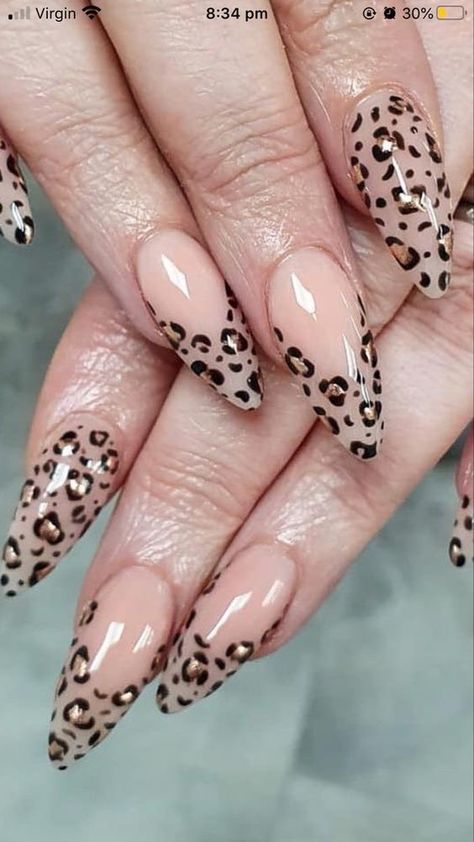 Leopard French Tip Nails Almond, September Nails Cheetah, Half Leopard Nails, Nail Art Animal Print French Tips, Jaguar Nails Design, Leopard Print Nails Almond Shape, Jaguar Nail Designs, Cheetah French Nails, Lepord Nails Designs