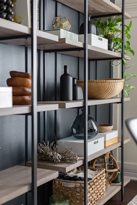 New soft industrial shelving unit Large Open Shelving Living Room, Metal And Wood Shelving Unit, Modern Industrial Furniture Living Room, Decorating Industrial Shelves, Iron And Wood Shelves Living Room, Black Iron Shelving, Iron Book Shelf Ideas, Shelving Units Office, Modern Industrial Shelves