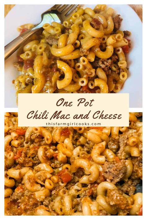 One Pot Chili Mac and Cheese is a ground beef skillet meal the whole family enjoys! Even better, this easy chili mac skillet recipe is ready in 30 minutes. #easyrecipe #beef #thisfarmgirlcooks #chilimac Mac Recipes, One Pot Chili Mac, Ground Beef Skillet, Food Ninja, Harvest Meals, Easy Chili Mac, December Recipes, One Pot Chili, Mac Chili