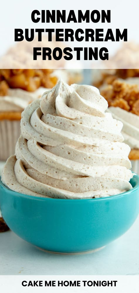 Cinnamon buttercream frosting is smooth and creamy, made with vanilla and cinnamon. Great for cakes and cupcakes. Cinnabon Cinnamon Cupcakes, Spiced Buttercream Frosting, Cinnamon Whipped Cream Frosting, Pumpkin Spice Buttercream Frosting, Whipped Cream Buttercream Frosting, Best Buttercream Frosting For Decorating, Cake Frosting Ideas, Almond Buttercream Frosting Recipe, Flavored Buttercream Frosting