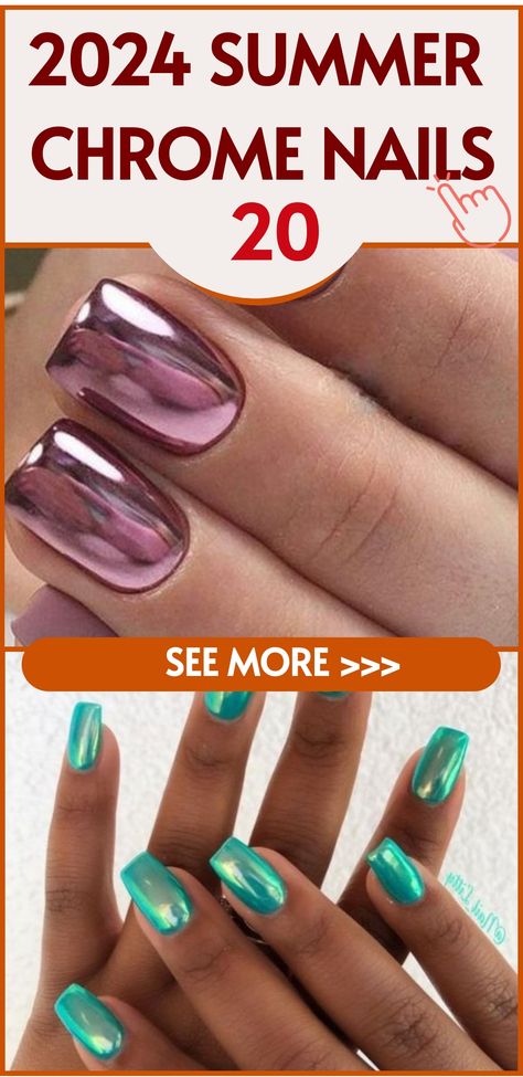 Chrome Nails With Accent Nail, Short Summer Nails 2024 Chrome, Summer Metallic Nails, Birthday Chrome Nails, Chrome Nails Designs Summer, Bright Chrome Nails, Summer Chrome Nails 2024, Mirrored Nails, Fun Chrome Nails