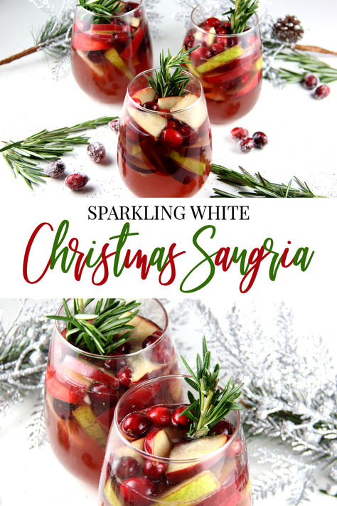 Sparkling White Christmas Sangria in wine glasses.