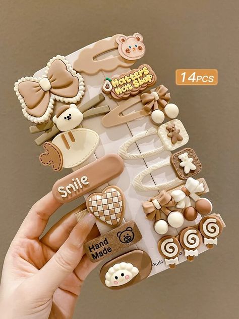 14pcs Women's Cute Milk Coffee Color Cartoon Design Hair Clips For Fringes | SHEIN USA Cute Hair Accessories For Women, Cute Stuff To Buy Accessories, Random Aesthetic Stuff To Buy, Cute Clips For Hair, Cute Hair Accessories Clips, Cute Hair Accessories Aesthetic, Cute Accessories Aesthetic, Brown Hair Accessories, Cute Hairclips