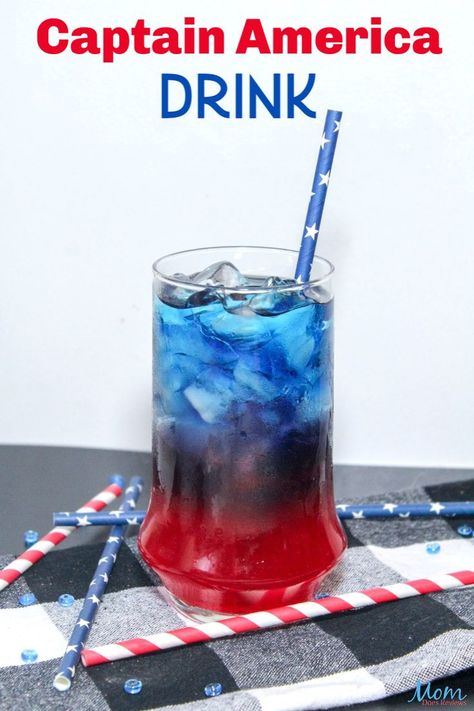 Captain America Drink- Perfect for your Little Heroes! - Superhero Drinks Alcohol, Powerade Blue, Disney Non Alcoholic Drinks, Captain America Snacks, Slushy Recipes, Captain America Drink, Fourth Of July Kid Friendly Drinks, Café Kitchen, Blue Gatorade