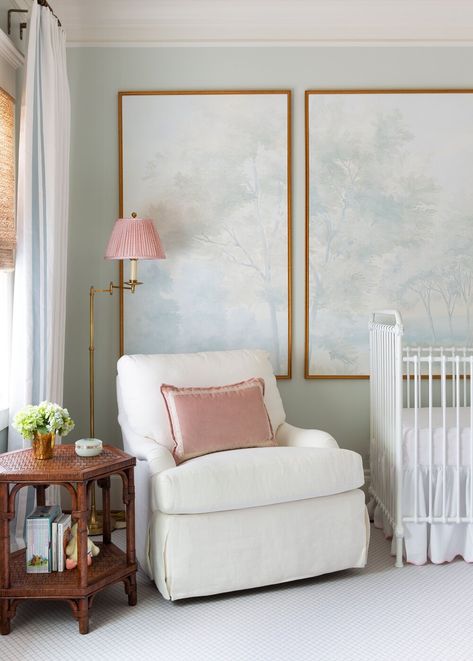 Blue Nursery Girl, Classic Nursery, Nursery Glider, Nursery Room Design, Nursery Room Inspiration, White Nursery, Blue Nursery, Arm Floor Lamp, Nursery Baby Room