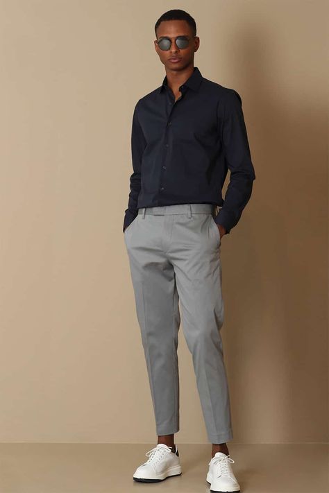 Men's Slacks Outfit Casual, White Sneakers Formal Outfit Men, Black And Grey Dress Outfit Men, Mens Shirt And Trousers Outfit, Grey Pants Mens Outfit, Grey Ankle Pants Outfit Men, Dress Shirt And Chinos Men, Cropped Slacks Outfit Men, Men’s Grey Dress Pants Outfit