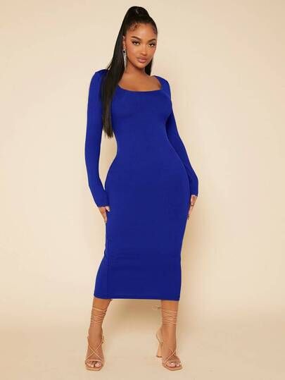 Royal Blue Long Sleeve Dress, Royal Blue Dress Outfit, Royal Blue Bodycon Dress, Square Neck Bodycon Dress, Cozy Sweater Dress, Blue Bodycon Dress, Woman Outfit, Classic Shirt Dress, Blue Long Sleeve Dress