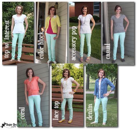 How to wear mint jeans Mint Pants Outfit, Mint Outfits, Outfits Colourful, Colored Pants Outfits, Mint Green Jeans, Mint Green Pants, Mint Pants, Turquoise Clothes, Mint Jeans