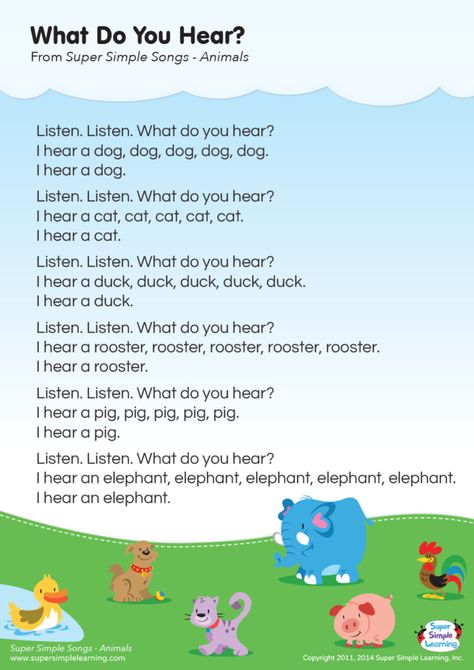 What Do You Hear? Lyrics Poster - Super Simple Infant Songs, Farm Animal Songs, Animal Classroom, A3 Size Paper, Animal Song, Kindergarten Esl, Farm Animals Preschool, Nursery Rhymes Lyrics, Language Development Activities