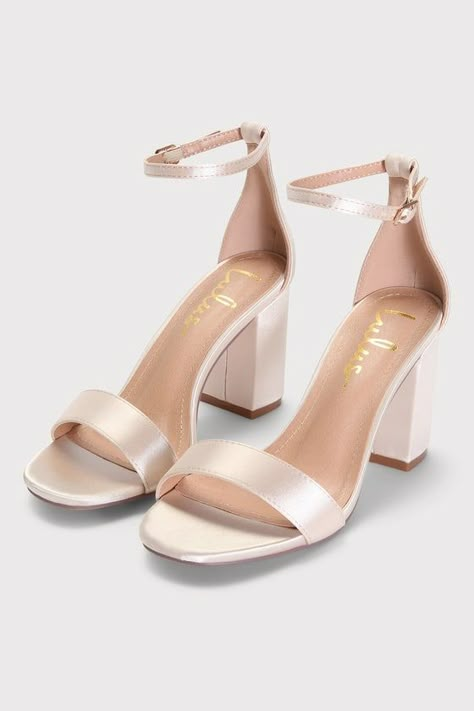 Heels For Champagne Dress, Champagne Block Heels, Hoco Heels White, Tan Bridesmaid Shoes, Bridesmaid Shoes For Long Dresses Heels, Hoco High Heels, Pretty Heels Classy, Simple Wedding Heels, Bridesmaid Shoes For Long Dresses