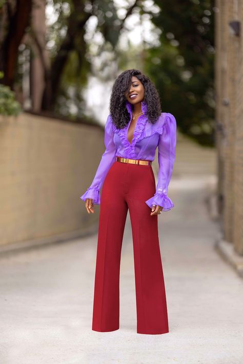 Organza Ruffle Shirt + High Waist Pants – StylePantry Organza Top Styles, High Waisted Pants Outfit, Style Wide Leg Pants, Fashionable Work Outfit, Colour Combinations Fashion, High Waist Wide Leg Pants, Color Combos Outfit, Color Blocking Outfits, Dresses Casual Fall