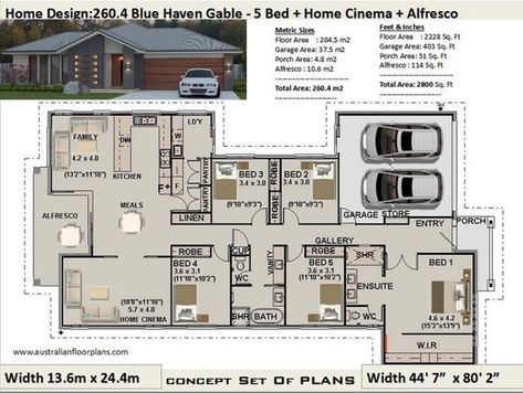 5 Bedroom house plans Australia | 260.4 m2 or 2800 Sq. Feet | 5 Bedroom design | 5 bed floor plans | 5 bed blueprints | 5 Bed Home Design House Plan 208.4 Blue Haven Design Gable ---------------------------------------------- BUY THIS PLAN - FULL CONCEPT HOUSE PLANS. Play it 5 Bed House Plans, Bed Blueprints, House Plans Australia, 5 Bed House, House Plans For Sale, 5 Bedroom House Plans, House Plans With Photos, Modern Floor Plans, Plans Architecture