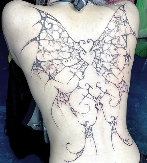 Spider Web Back Tattoo, Spider Web Wings Tattoo, Spider Web Wings, Spider With Wings, Spiderweb Collarbone Tattoo, Bone Wings Tattoo, Spider Web Rib Tattoo, Butterfly With Spider Web Wings Tattoo, Heart Web Tattoo