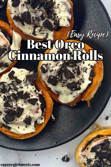 OMG, this is the best Oreo cinnamon roll recipe! It's so easy to make, and you'll need a can of Pillsbury cinnamon rolls. Each cinnamon roll is stuffed with Oreos and baked to perfection. Each sweet roll is topped with cream cheese frosting and more Oreo bites. This is a super ooey gooey homemade recipe. If you love pancakes, cake, and deep-fried Oreos, you will love this breakfast treat!

// easy oreo cinnamon rolls // breakfast sweet rolls // oreo cookies // Oreo Cinnamon Rolls, Pancakes Cake, Oreo Bites, Deep Fried Oreos, Pillsbury Cinnamon Rolls, Fried Oreos, Cinnamon Roll Recipe, Breakfast Rolls, Roll Recipes