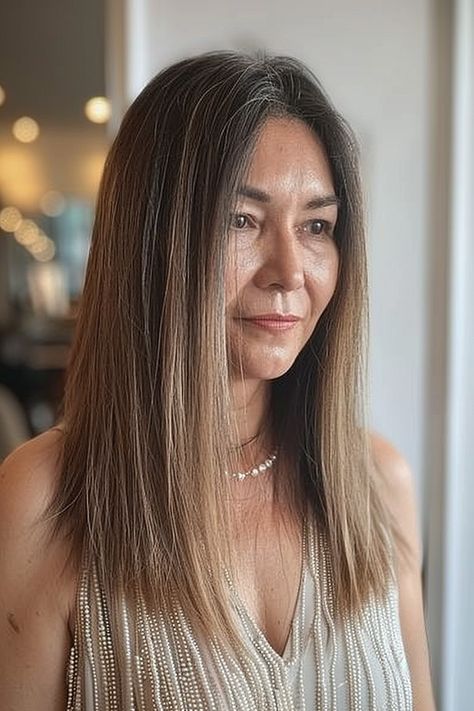 Woman over 50 with a sleek blunt cut and subtle highlights Hairstyles For Straight Hair, Blonde Tips, Rich Brunette, Stunning Hairstyles, Stylish Haircuts, Middle Part, Light Blonde, The Roots, Women Over 50