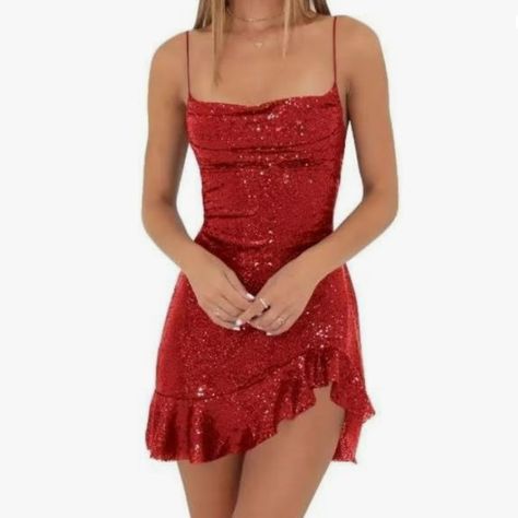 New, Never Worn, Red Sequin Cocktail Dress With Spaghetti Straps, Flattering Asymmetrical Hemline And Lace-Up Open Back. Homecoming Dresses For Teens, Prom Outfit, Sequin Short, Dresses For Teens, Red Mini Dress, Homecoming Dresses, Open Back, Homecoming, Spaghetti