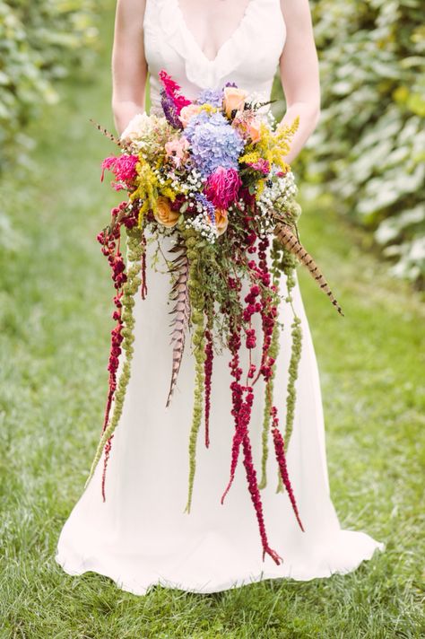 Bohemian cascading bouquet. Love Lies Bleeding. Pheasant feathers. Ivy and Aster Anemone Cascading Wildflower Bridal Bouquet, Fairy Bouquet, Fern Bouquet, Bouquet Styles, Wildflower Bridal Bouquets, Cascading Bouquet, Cascading Wedding Bouquets, Cascading Flowers, Bohemian Rustic