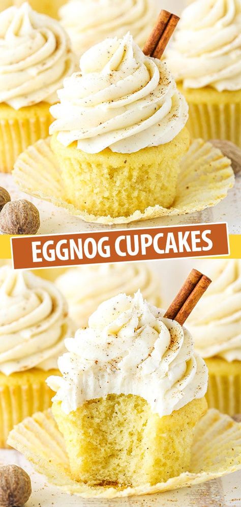 Eggnog Desserts, Eggnog Frosting, Boozy Cakes, Eggnog Buttercream, Winter Sweets, Eggnog Cupcakes, Cake Pucks, Eggnog Dessert, Eggnog Recipes