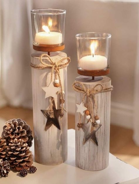 Wood Candle Holders Diy, Wooden Candle Stand, Candle Stick Decor, Shabby Look, Diy Candle Holders, Christmas Wood Crafts, Wood Candle Holders, Wooden Candles, Diy Crafts To Do