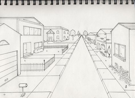 Elements to incorporate in a perspective drawing of a street: mailboxes, sidewalks, fences, reflections on windows. 1 Point Perspective Drawing, Perspective Lessons, 1 Point Perspective, Inkscape Tutorials, Perspective Drawing Architecture, Perspective Drawing Lessons, One Point Perspective, Drawing Hair, Vanishing Point