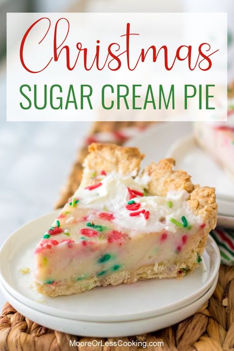 This fantastic pie is a holiday version of the popular old-fashioned custard pie that's egg-free and uses sugar, cream, cornstarch, vanilla, and cinnamon to create the scrumptious filling. Here, I add jimmy sprinkles to the crust and filling for a little something extra to celebrate the season! Christmas Custard Pie, Cream Pies Recipes Holiday, Pie Ideas For Thanksgiving, White Christmas Pie, Best Christmas Pies, Easy Christmas Pie Recipes, Holiday Pies Christmas, Winter Pie Recipes, Christmas Pies Recipes