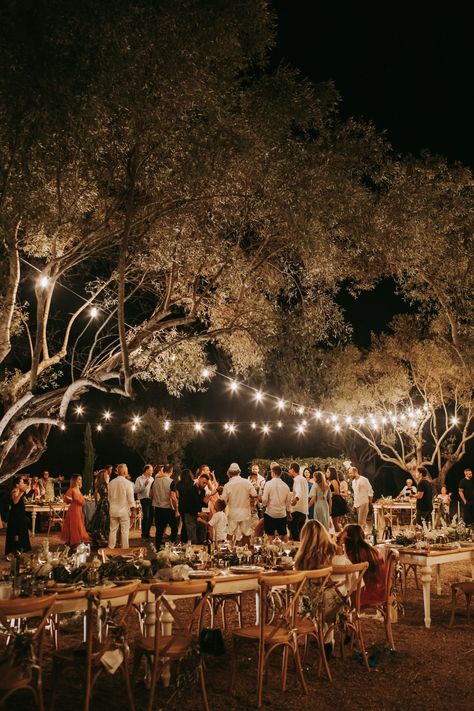 Wedding lighting, wedding stringlights, olive grove wedding Wedding Venue Mediterranean, Wedding In Olive Grove, Toscana Wedding Inspiration, Wedding Dancing Aesthetic, Wedding Spain Inspiration, Olive Grove Wedding Ceremony, Meditterean Wedding, Backyard Wedding Vibes, Small Italian Wedding