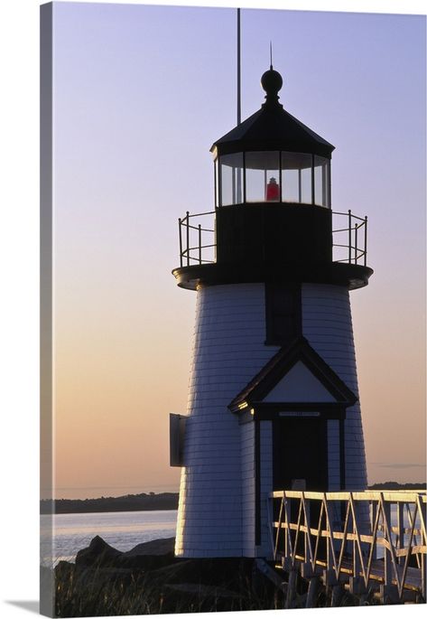 Stretched Canvas Print entitled Nantucket Brant Point Lighthouse At Sunrise, Nantucket, Massachusetts.  Multiple sizes available.  Primary colors within this image include Black, Peach, Pale Blue, Gray.  Made in USA.  All products come with a 365 day workmanship guarantee.  Archival-quality UV-resistant inks.  Canvases are stretched across a 1.5 inch thick wooden frame with easy-to-mount hanging hardware.  Canvas frames are built with farmed or reclaimed domestic pine or poplar wood. Beach Sculpture, Brant Point Lighthouse, Nantucket Massachusetts, Sculpture Inspiration, Lighthouse Pictures, Light Houses, Black Peach, Canvas Frames, Poplar Wood