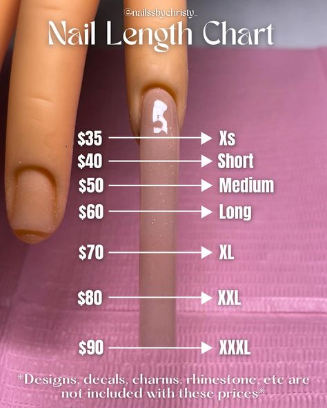 nail length chart🤍 STARTING: 12/1/24 •current prices are in highlights - when booking an appointment please refer to this chart for the length you would like!! - - #naillengthchart #nails #acrylicnails #beginnernailtech #bookwithme #clovis #559 #fresno #explorepage #clovisnailtech #fresnonailtech #beauty Nail Information, Nail File Grit Chart, Nail Chart Length, Nails Length Chart, Nail Prices For Beginners, Beginner Nail Tech Prices, Nail Tech Instagram Highlights, Nail Policies, Nail Length Chart Price