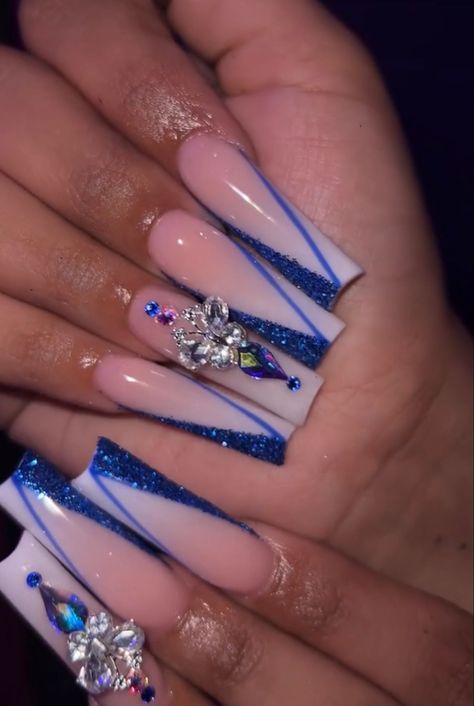 Birthday Nails Blue, Glam Birthday Nails, Hanukkah Nails, Acrylic Nail Designs Classy, Glam Birthday, Classy Acrylic, Prom 2024, Blue Acrylic Nails, Classy Acrylic Nails