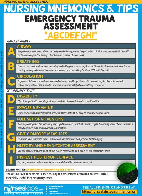 NHA-005: Emergency Trauma Assessment (ABCDEFGHI) Nursing Mnemonics & Tips Health Assessment Nursing, Emt Study, Nursing Cheat, Nursing Assessment, Health Assessment, Nursing Mnemonics, Nursing School Survival, Pharmacology Nursing, Critical Care Nursing