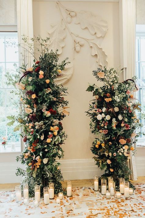 Intimate October Wedding At Coworth Park - Rock My Wedding Greenery Wedding Alter, Romantic Wedding Alter, Flower Alter Wedding, Autumn Floral Arrangements Wedding, Wedding Flower Tower, Altar Decor Wedding, Flower Towers Wedding, Ceremony Wedding Flowers, Wedding Flowers Alter