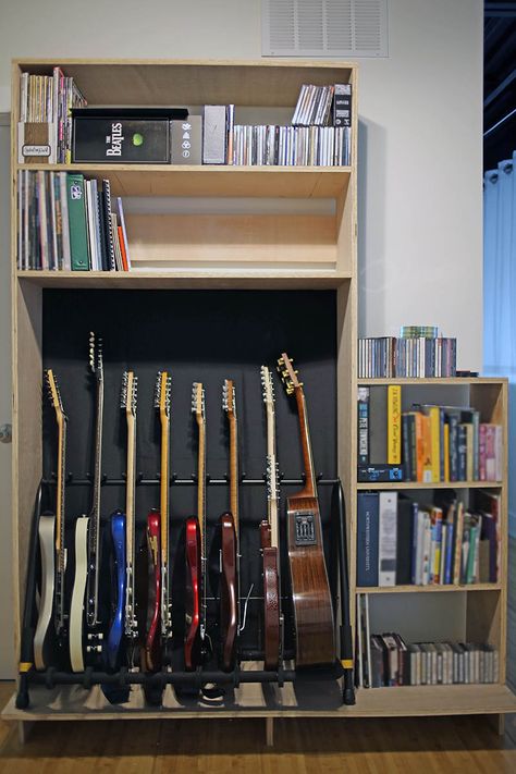 Guitar Recording Studio, Bedroom Guitar Setup, Guitar Room Aesthetic, Book Case Design, Guitar Office, Guitar Organization, Guitar Furniture, Multi Guitar Stand, Music Room Storage