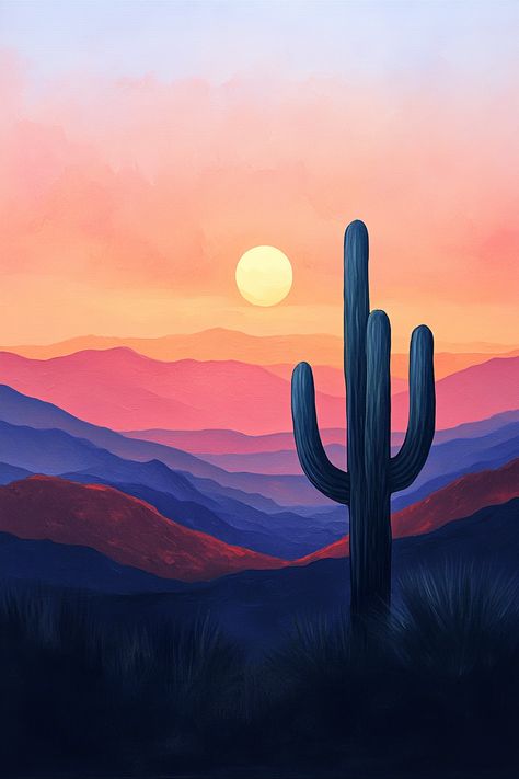 Transform your space with this stunning desert sunset wall art! 🌅 Featuring vibrant hues and a serene cactus silhouette, it's perfect for adding a touch of nature to your home. Explore more wall art ideas now! 🖼️ #WallArtIdeas #HomeDecor #DesertArt 🌟 Minimalist Desert Landscape, Desert Sunset Painting, Cactus Sunset, Cactus Silhouette, Desert Background, Wall Art Ideas, Sunset Wall, Desert Art, Desert Sunset