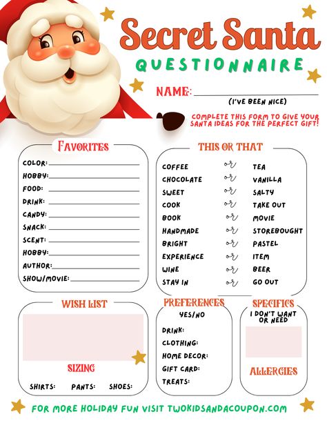 "Help Santa find the perfect gift with a handy secret Santa form that is perfect for your holiday gift exchange. Have each member of your gift exchange fill this out and it will provide a guide for participants to find them the perfect holiday presents(s). By providing info on their favorite colors, flavors, preferences and more, it's a great way to get to know them better and to find the perfect gift. Print it for your upcoming gift exchange. " Secret Santa Form, Religious Christmas Crafts, Craft Paper Design, Secret Santa Questionnaire, Kids Fathers Day Crafts, Holiday Gift Exchange, Paper Party Decorations, Holiday Presents, Birthday Party Crafts