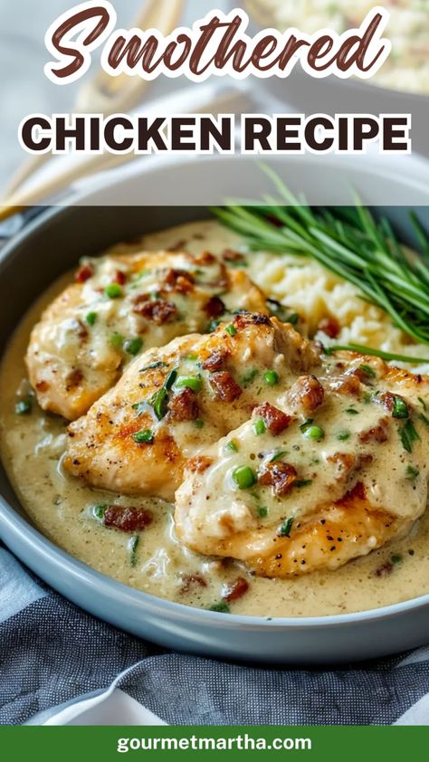 Discover the ultimate smothered chicken recipe that’s bursting with rich, creamy flavors. This southern comfort food classic is easy to make, perfect for family dinners, and packed with tender chicken drenched in a savory gravy. Unlock the secret to this amazing dish! #smotheredchicken #chickenrecipe #southerncooking #comfortfood #easyrecipes #homemadegravy #weeknightdinner #chickenandgravy #chickenrecipes #dinnerideas Dredged Chicken Recipes, Smothered Chicken Breast With Gravy, Chicken In Gravy Recipes, Smothered Chicken Thigh Recipes, Smoother Chicken, Smothered Chicken With Gravy, Baked Chicken And Gravy, Smothered Chicken And Gravy, Southern Smothered Chicken