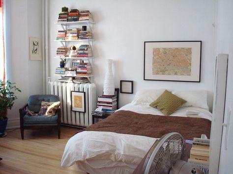 Think Vertical--shelving above furnace Zodiac Signs Meaning, Doing Better, Thought Catalog, Make Your Bed, My New Room, Apartment Therapy, Bookshelves, Small Spaces, You Think