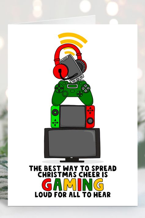 Gaming Christmas Card for Kids who like to play video games. Video Game Christmas, Christmas Card For Kids, Vinyl Templates, Christmas Gift Videos, Nerd Christmas, Granny Christmas, Tags Ideas, Gamer Stuff, Games Console